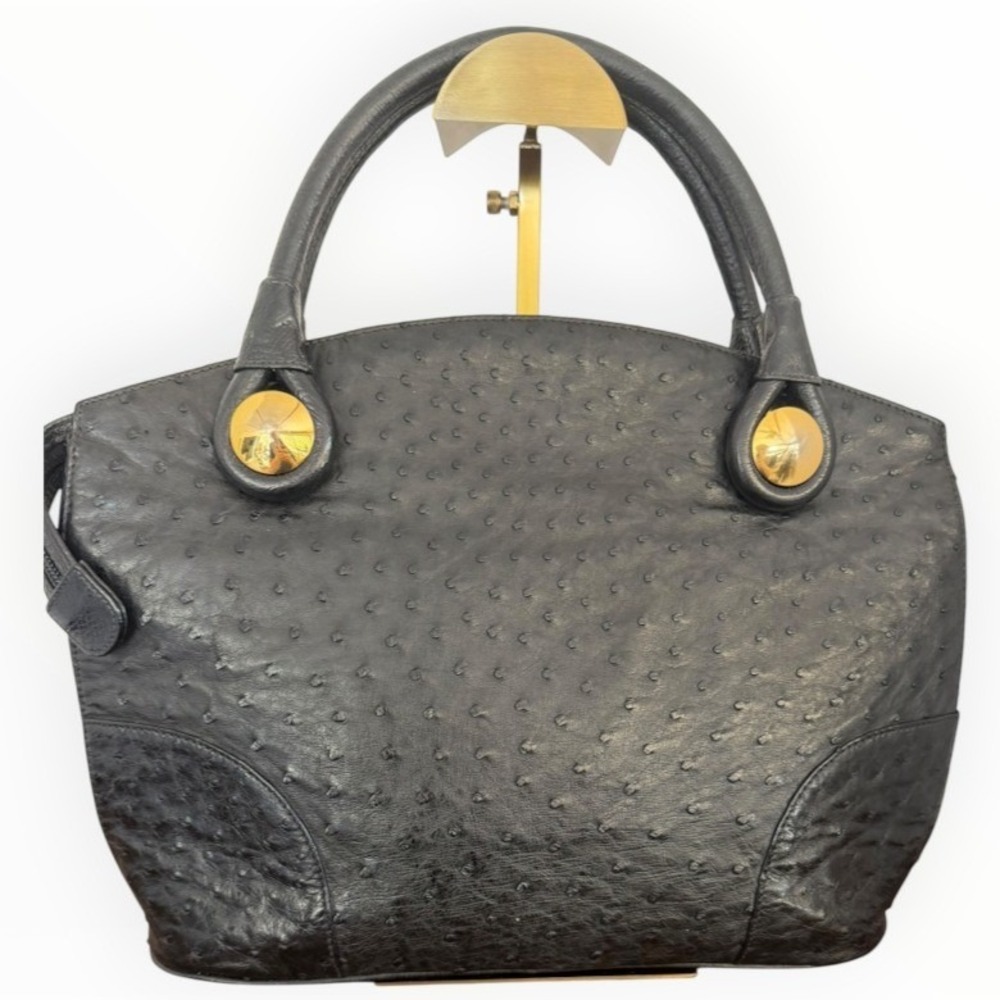 Vintage Bally Black Genuine Ostrich Leather Top Handle Bag Gold Hardware - Picture 3 of 16